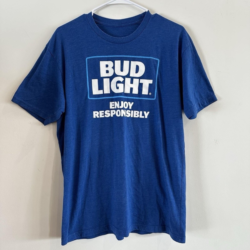 VTG Bud Light Enjoy Responsibly T Shirt Blue White Logo Medium Cotton Blend READ